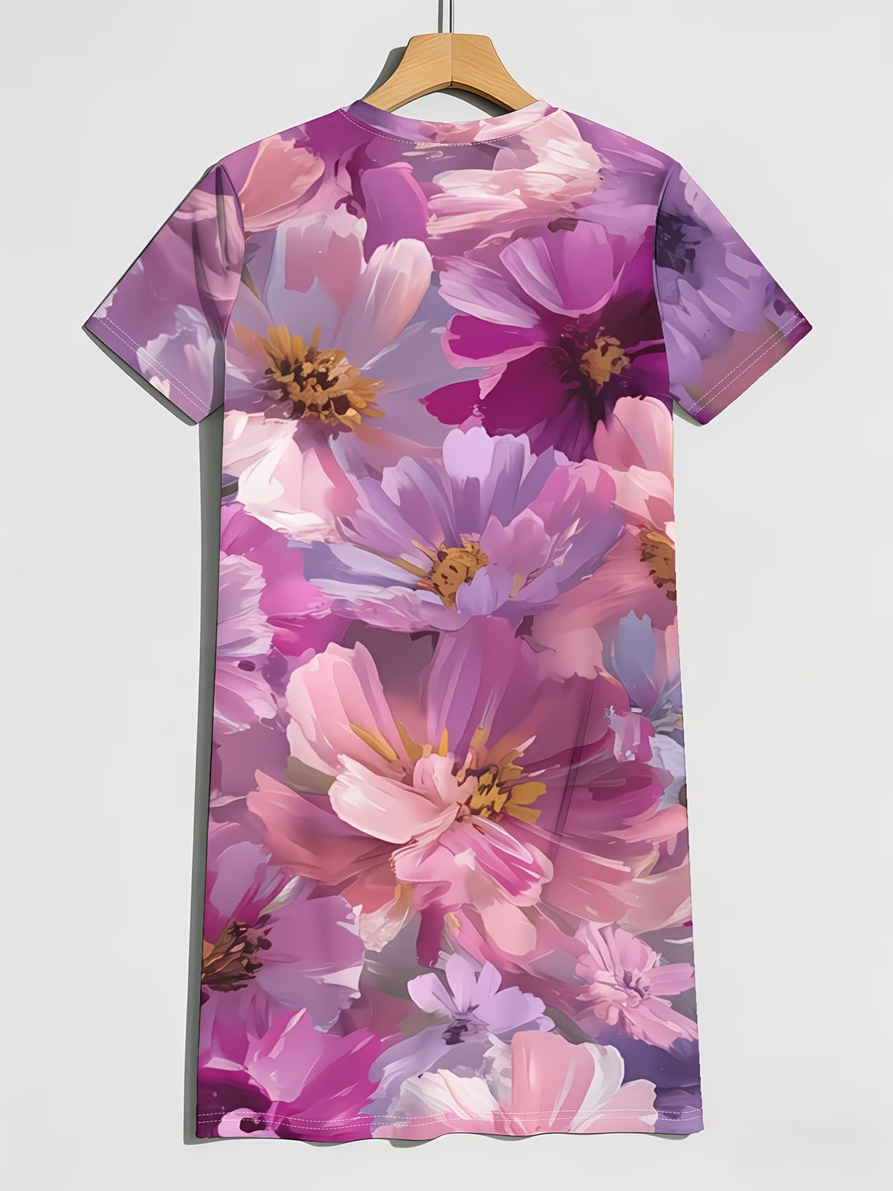 Purple Floral Round Neck Short Sleeve Dress