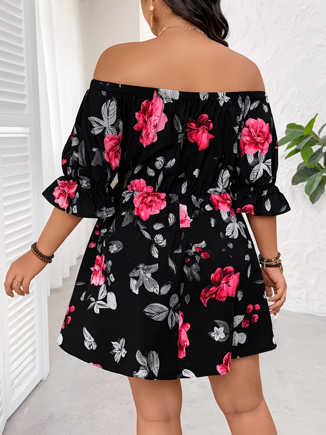 Plus Size Women'S Floral Print Off-Shoulder Bardot Romantic Dress