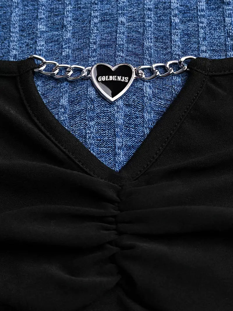 Women's Buttoned Chain Stitching Pleated Textured Light Gray Ribbed Fleece T-Shirt