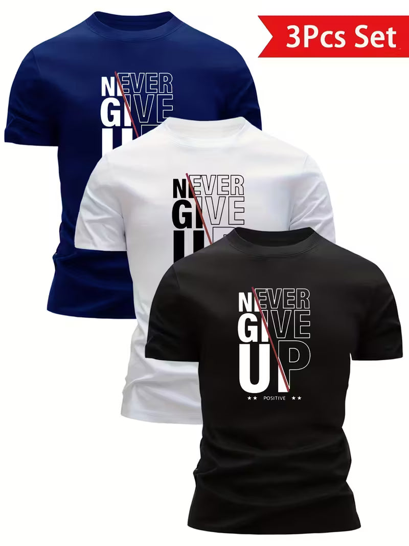 3pcs Men'S "Never Give Up" Graphic T-Shirt Set