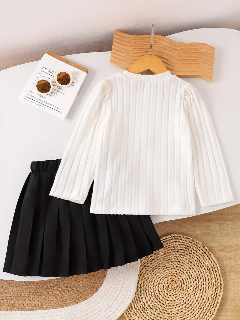 Girls' Autumn and Winter Versatile Butterfly Top + Versatile Pleated Skirt Set,