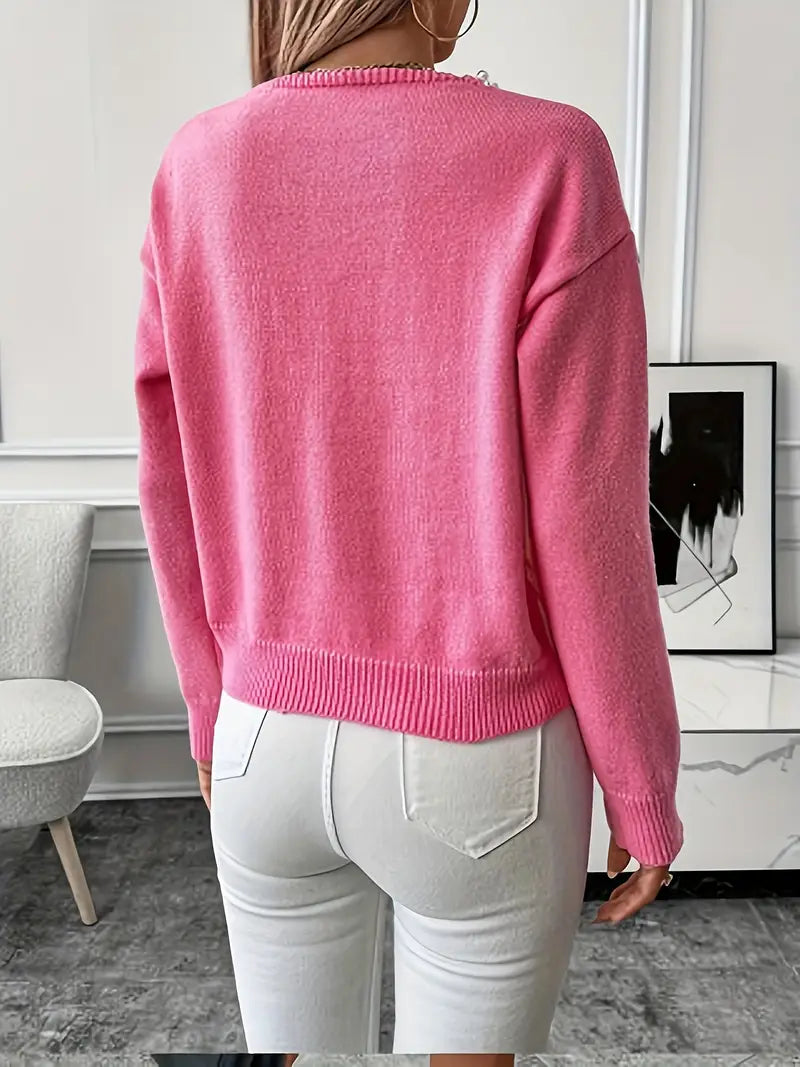 Elegant V-Neck Beaded Butterfly Bow Detail Sweater