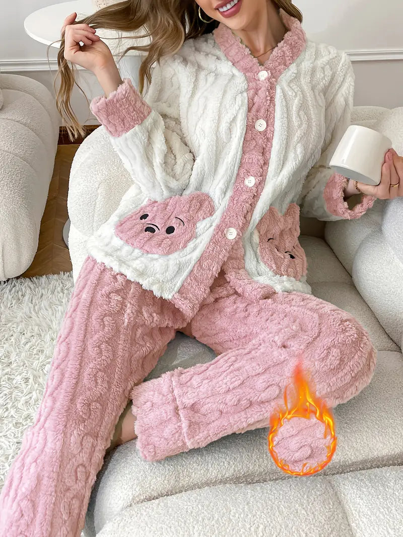 Women's Long-Sleeve Robe Set with Embroidered Bear Pocket Design