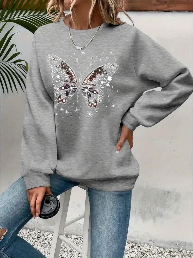 Women'S Cozy Pink Butterfly Print Sweatshirt