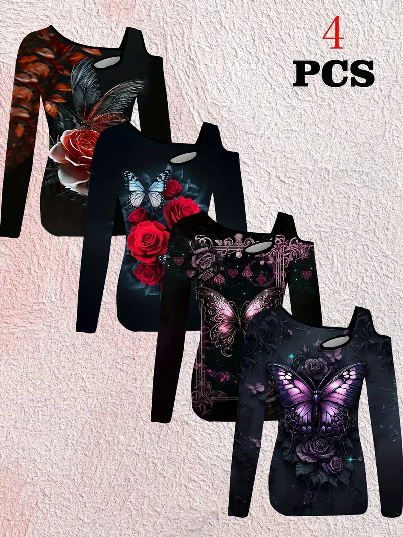 4pcs Set Women's Gothic Bohemian Long Sleeve T-Shirts