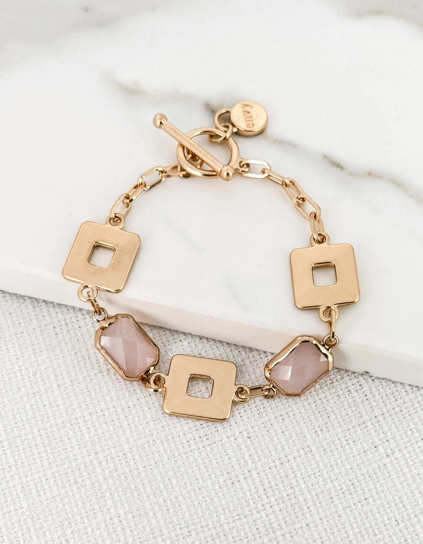 Gold Square and Pink Crystal T-Bar Bracelet