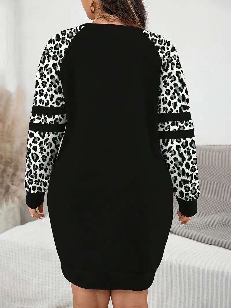 Women'S Plus Size Casual Leopard Print Sweatshirt Dress