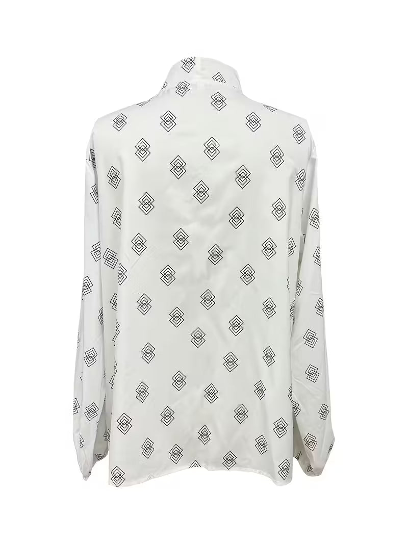 Plus Size Women'S Elegant Geometric Print Long Sleeve Blouse