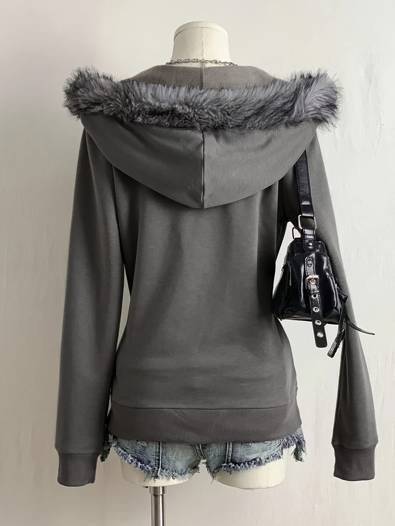 , American Retro Gray Patterned Hoodie with a Trimmed Hood,
