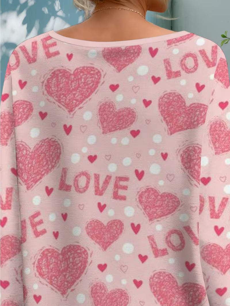 Plus Size Women'S Pink Heart & LOVE Letter Print