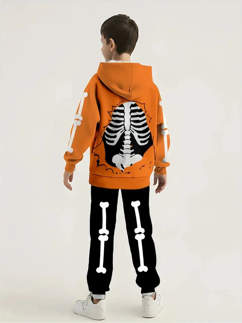 Boy's Creative Skull Print Long Sleeve Hoodie and Long Pants