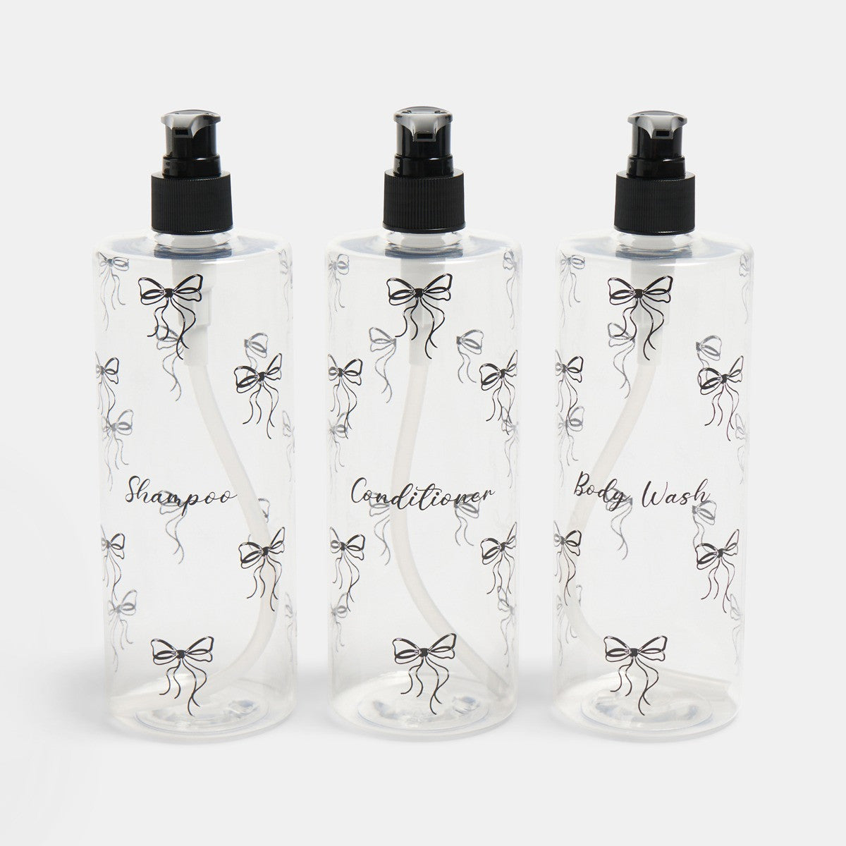 Bows Dispenser Bottles, Clear/Black - 3 Pack