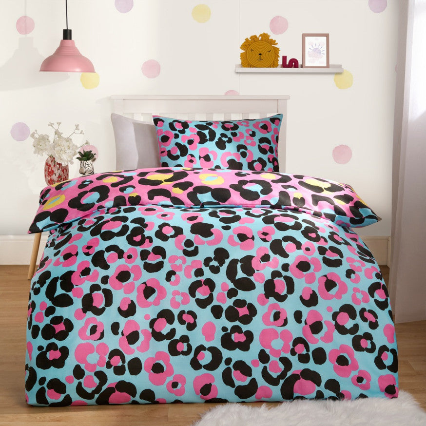 Abstract Neon Leopard Print Reversible Duvet Set pink