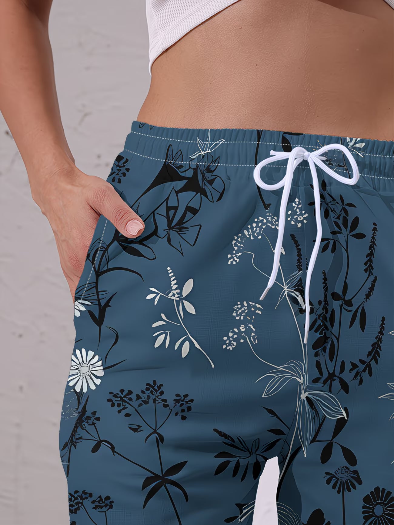 Women's Floral Print Casual Trousers | Dark Blue with Black & White Pattern