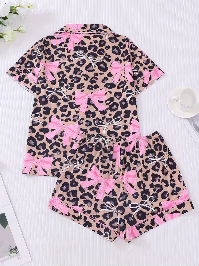 Leopard Print & Pink Bowknot Women'S Pajama Set