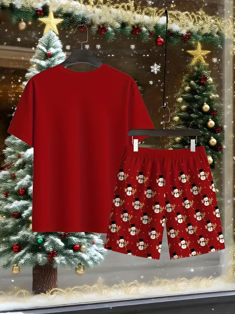 Men's Christmas Snowman & Reindeer Print Red