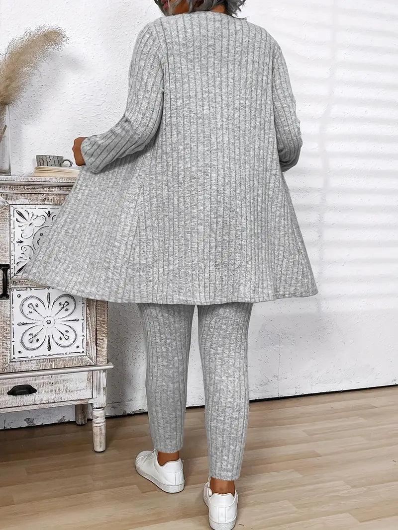 Plus Size - Plus Size - 3pcs Plus Size Women'S Ribbed Gray Cardigan,