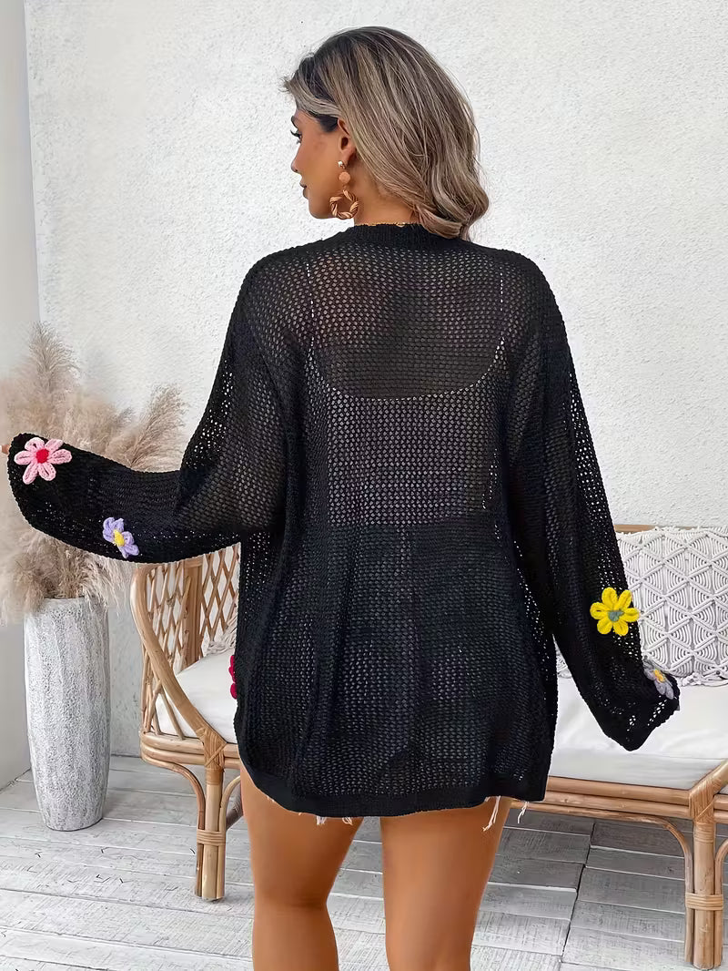 Women'S Fashion Black Hollow Cardigan