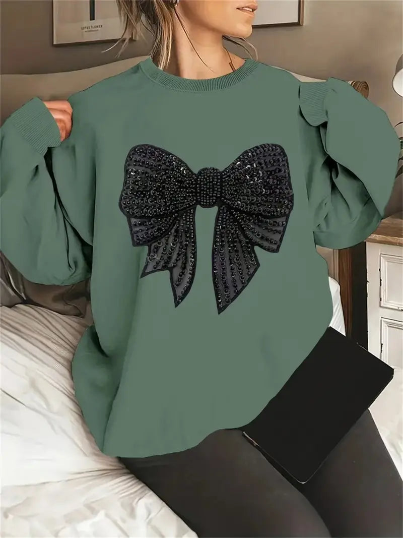 Women'S Casual Long-Sleeve Sweater with Sparkling Bow Print