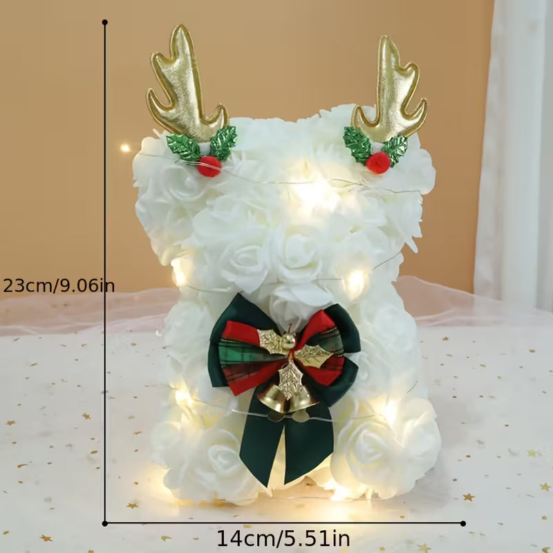 Christmas Teddy Bear Rose Flower Collectible with Reindeer Antlers,
