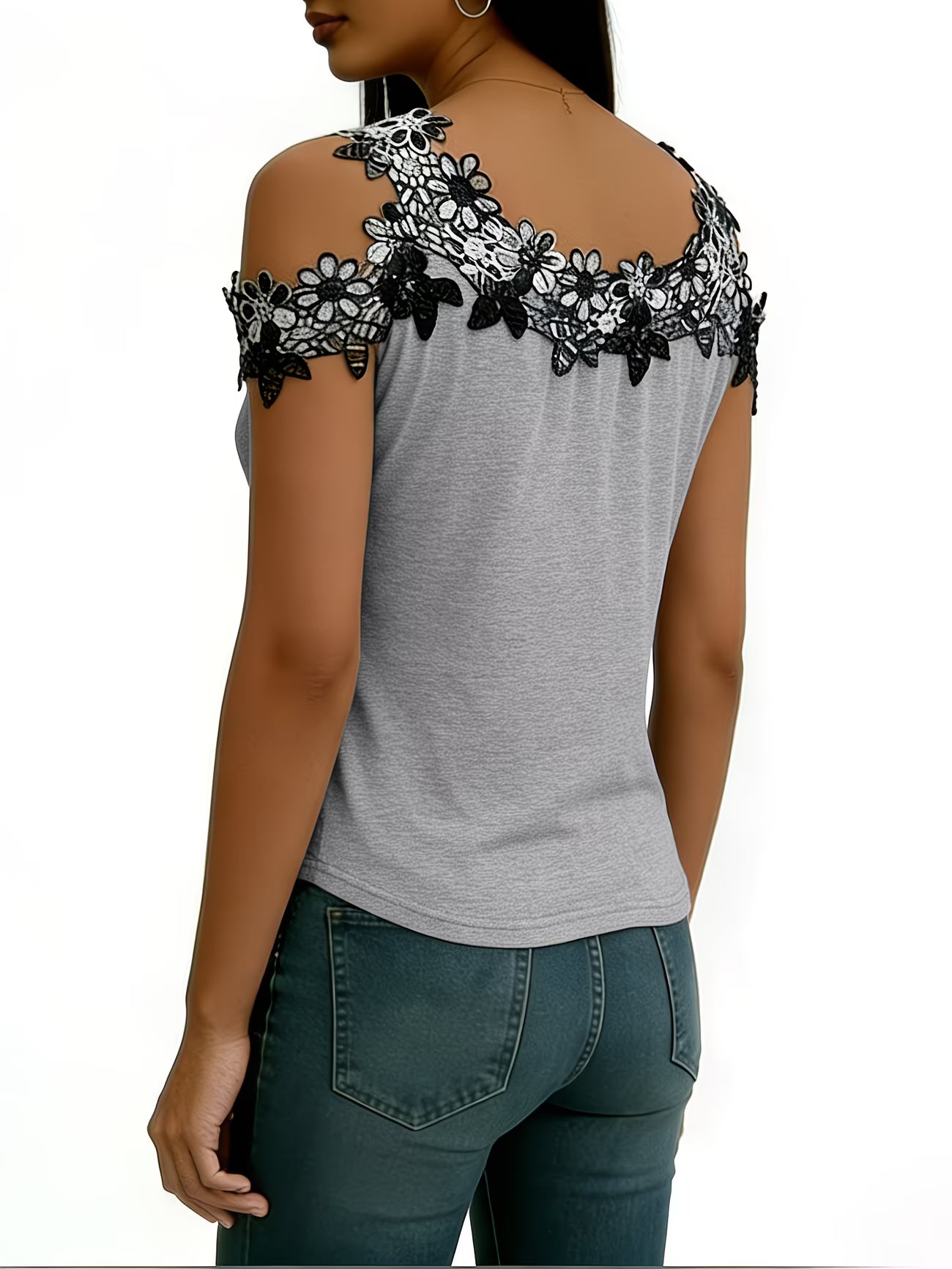 - French Sweet Cool Lace Camisole with Black Base And White Floral Lace Patchwork,