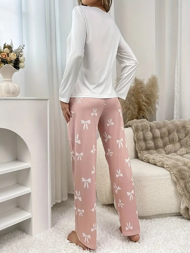 Casual Pajama Set with Bow Pattern
