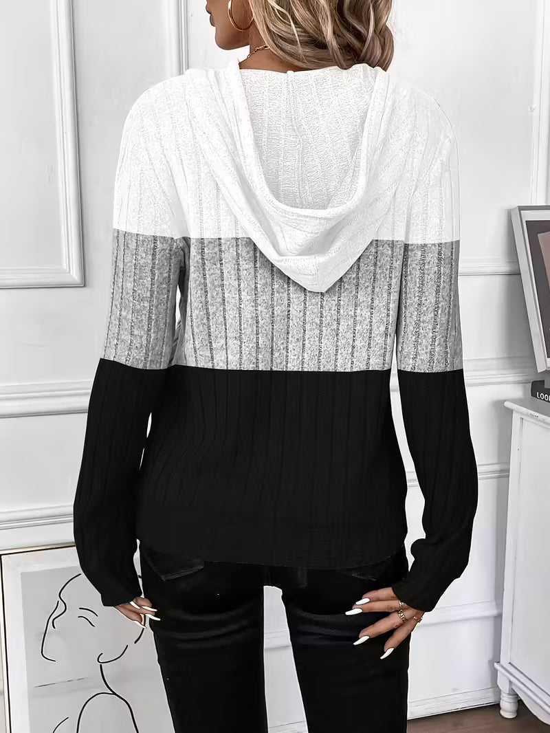 Women's Hoodie - Black/White/Gray Color Block Pullover Sweatshirt,