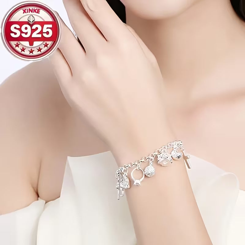 925 Sterling Silvery 13pcs Pendant Bracelet Set,