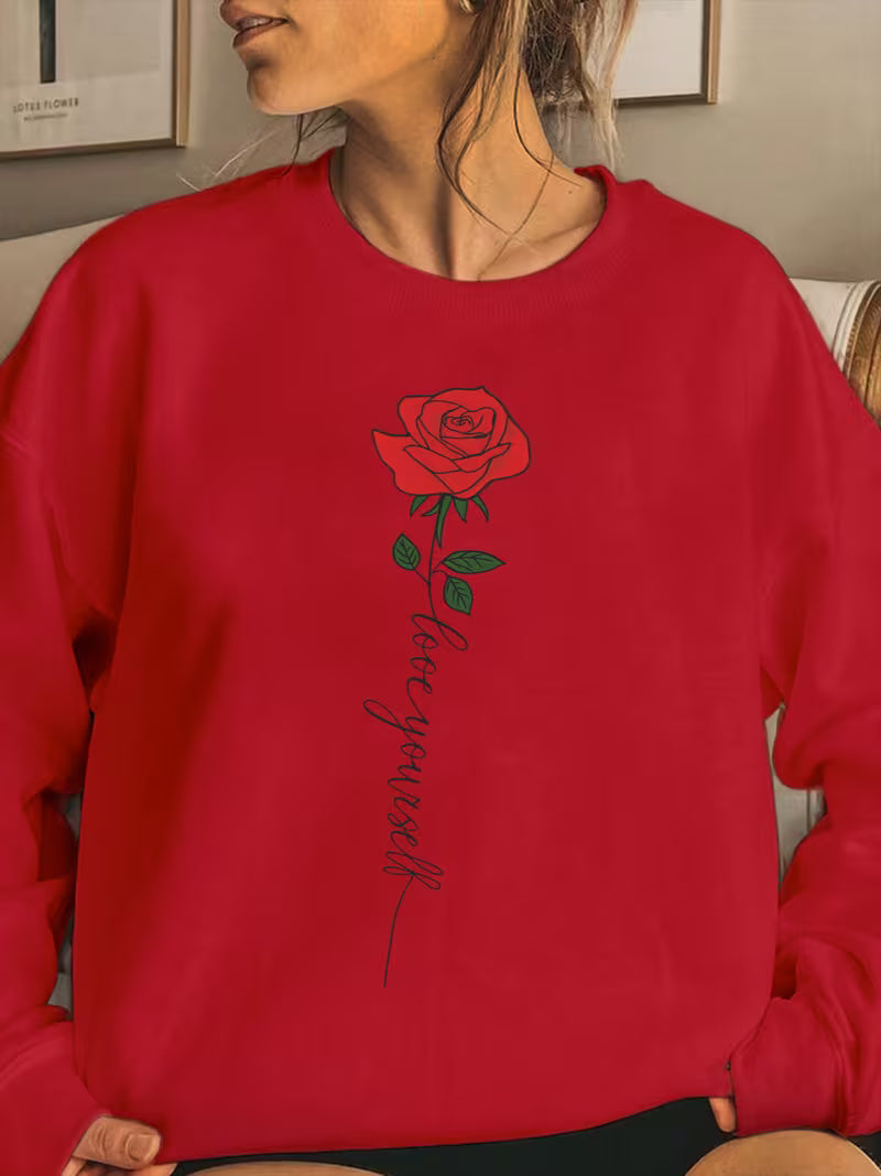 , Women'S Round Neck Sweatshirt Featuring a Black Rose Design,