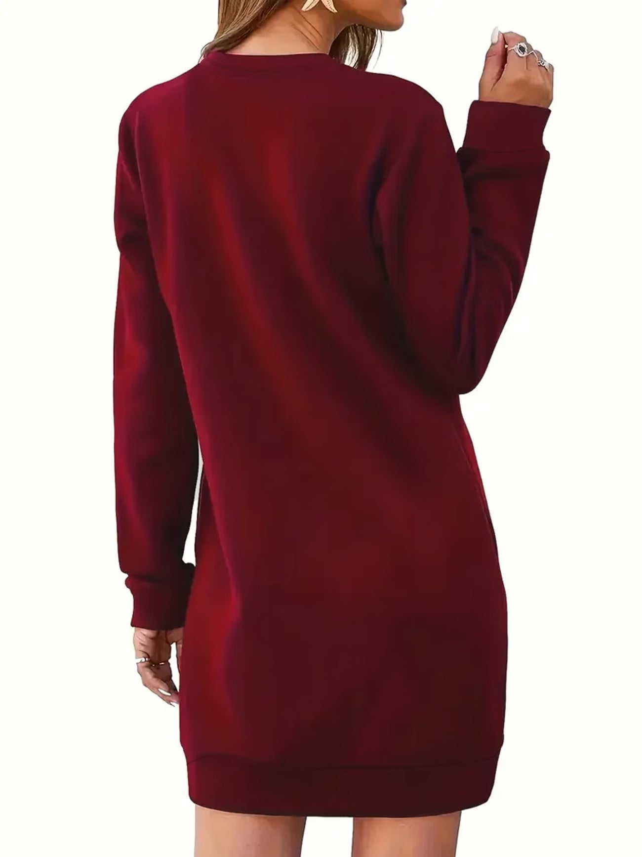 Red and Black Crew Neck Fleece Sweatshirt Dress