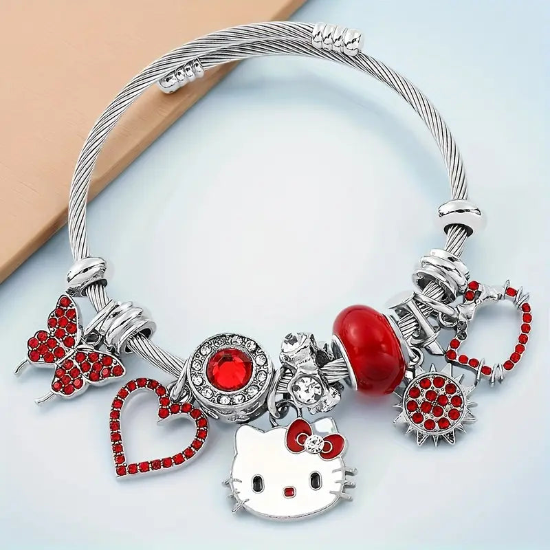 Hello Kitty Hollow Heart Butterfly Enamel Pendant Bracelet