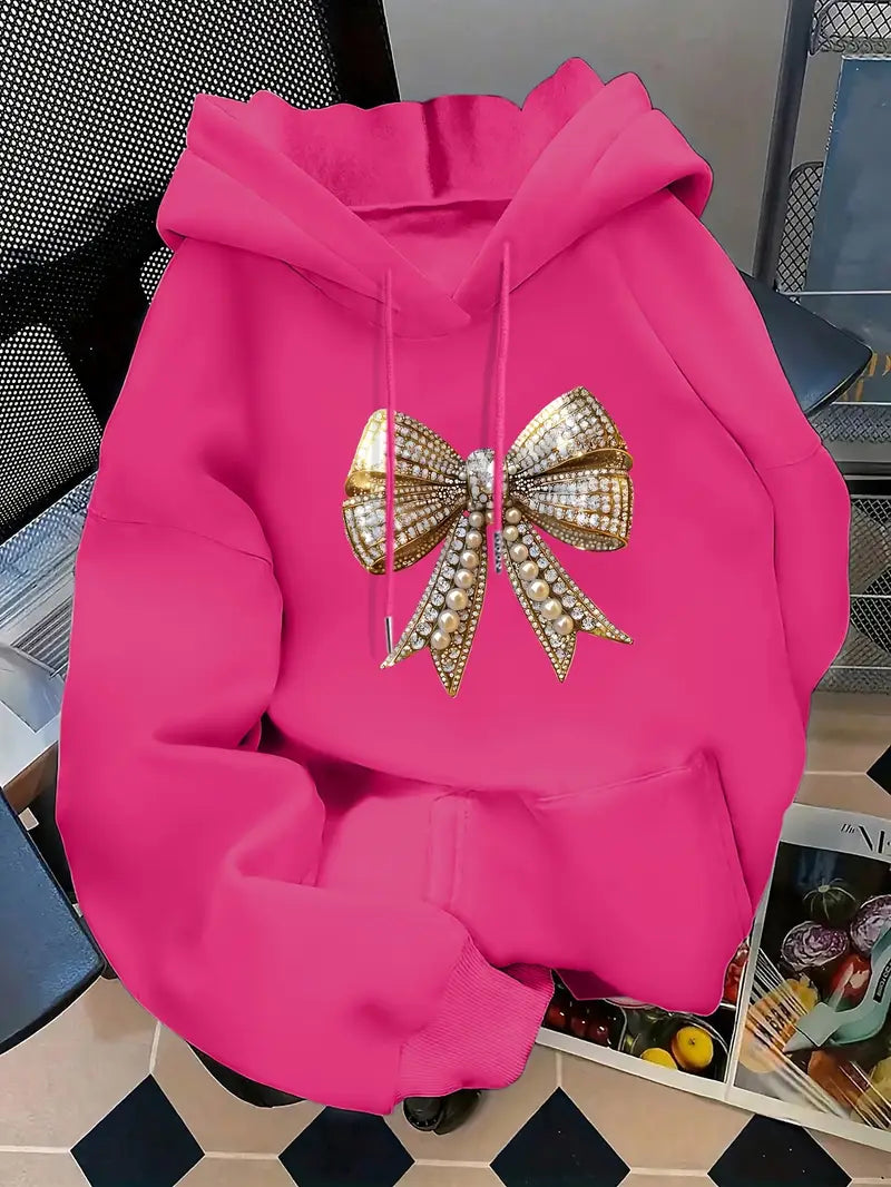 Hoodie with Golden Pearl & Bow Print,