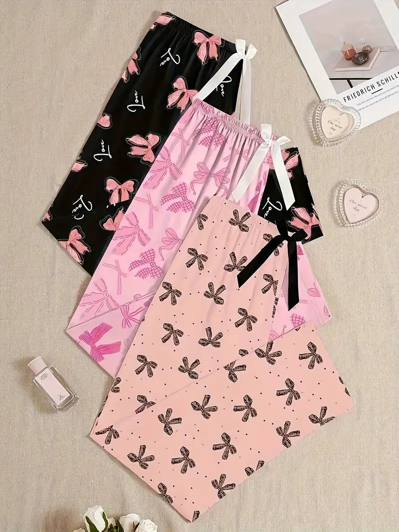3pcs Women'S High-Waisted Bow Print Sleep Pants