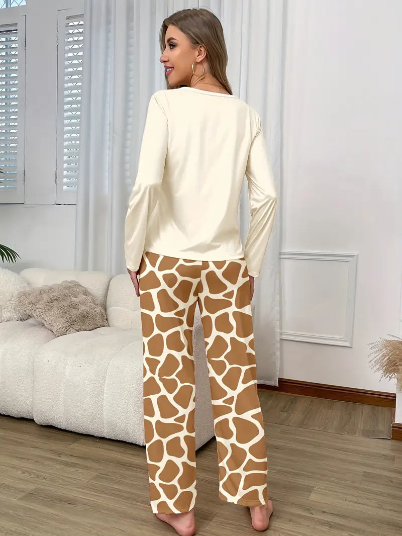 Giraffe Print Long Sleeve Top Paired with Giraffe Patterned Pants
