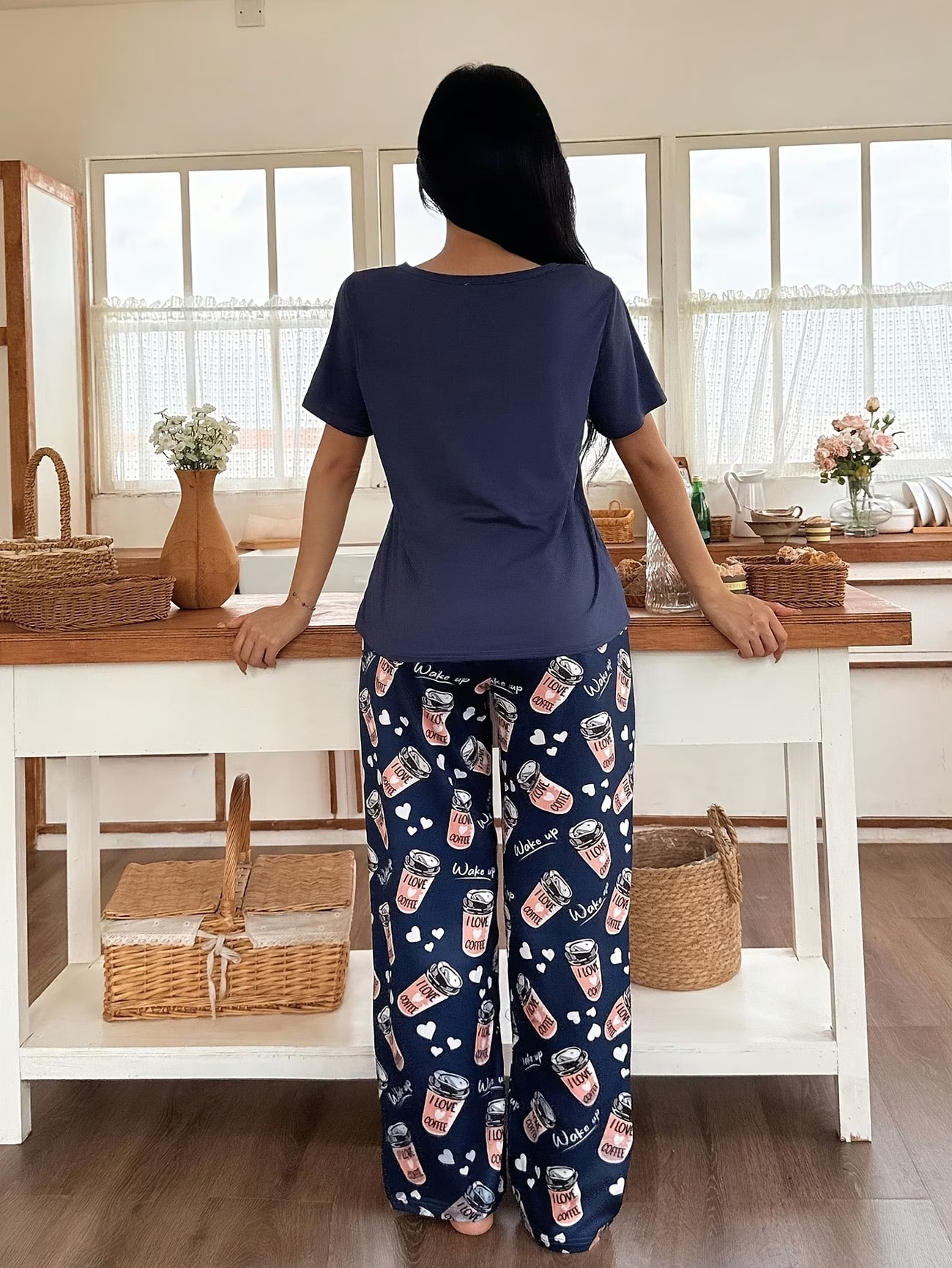 Women's Letter Print Pyjama Set in Dark Blue