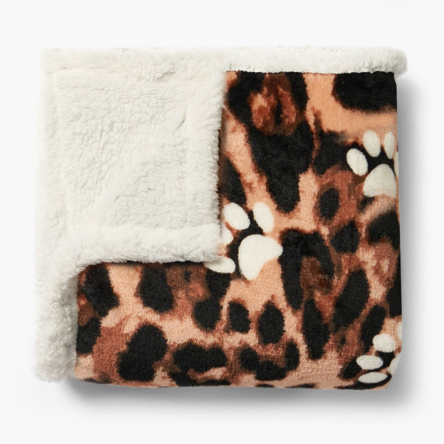 Leopard Paw Print Sherpa Reverse Throw - Natural