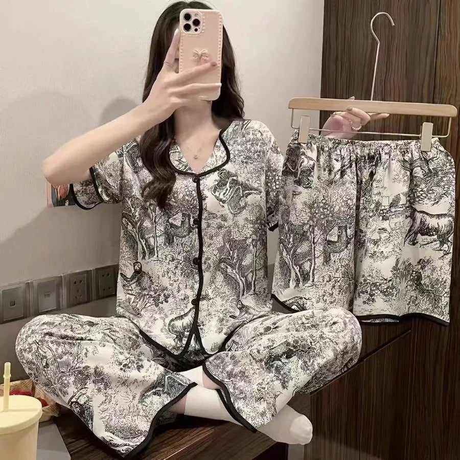 Spring Autumn Women's Sleepwear Short Sleeve Loose Home Clothes Cute Girl's Pajamas Set Casual Breathable Polyester Silk