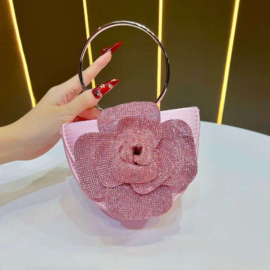 New Fashionable Tea Rose Shiny Handbag Women's Evening Bag Round Handle Shoulder Crossbody Bag For Banquet And Dinner