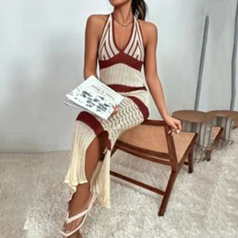 women's vacation simple style color block knitted cover ups