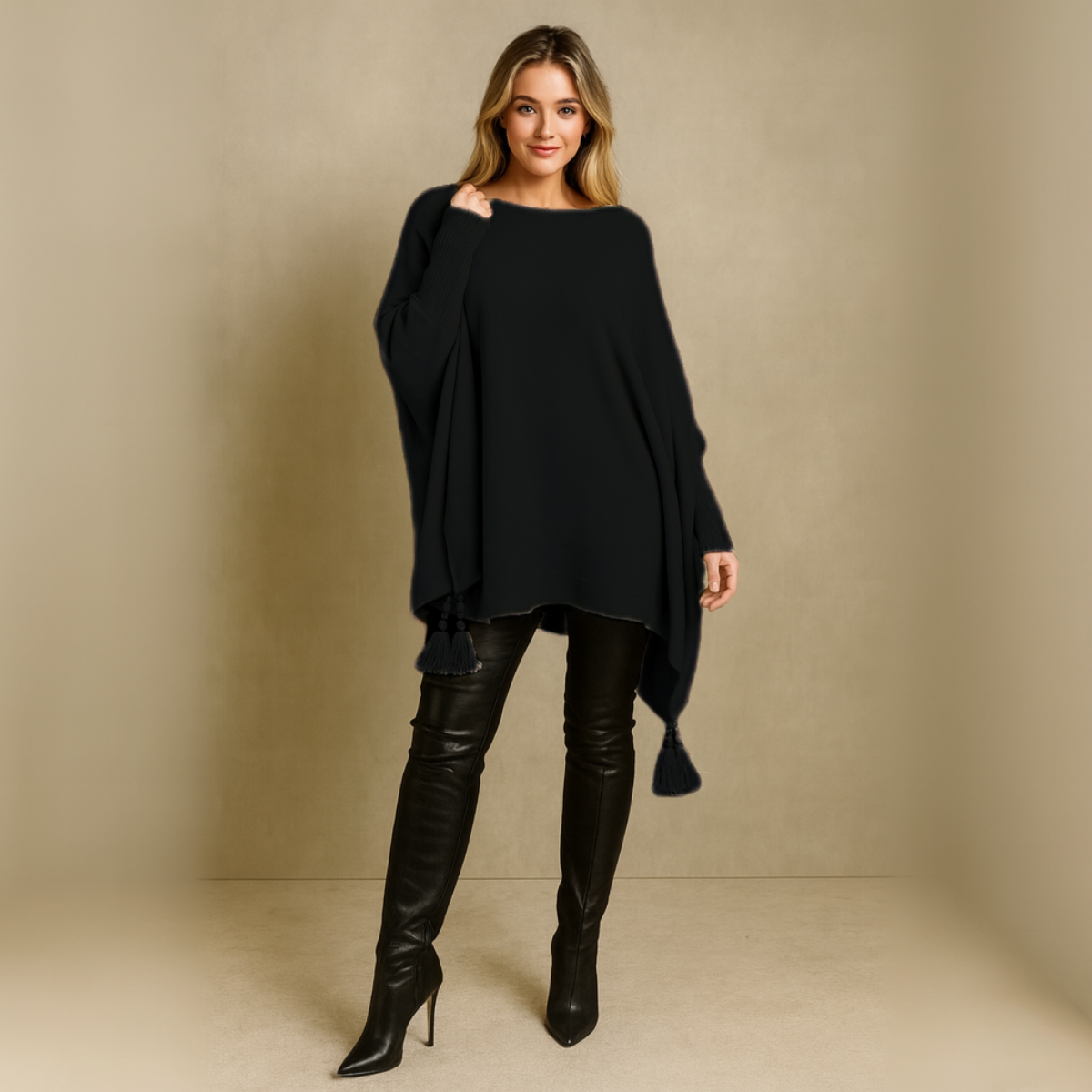 Slash Neck Oversized Jumper with Tassel Detail