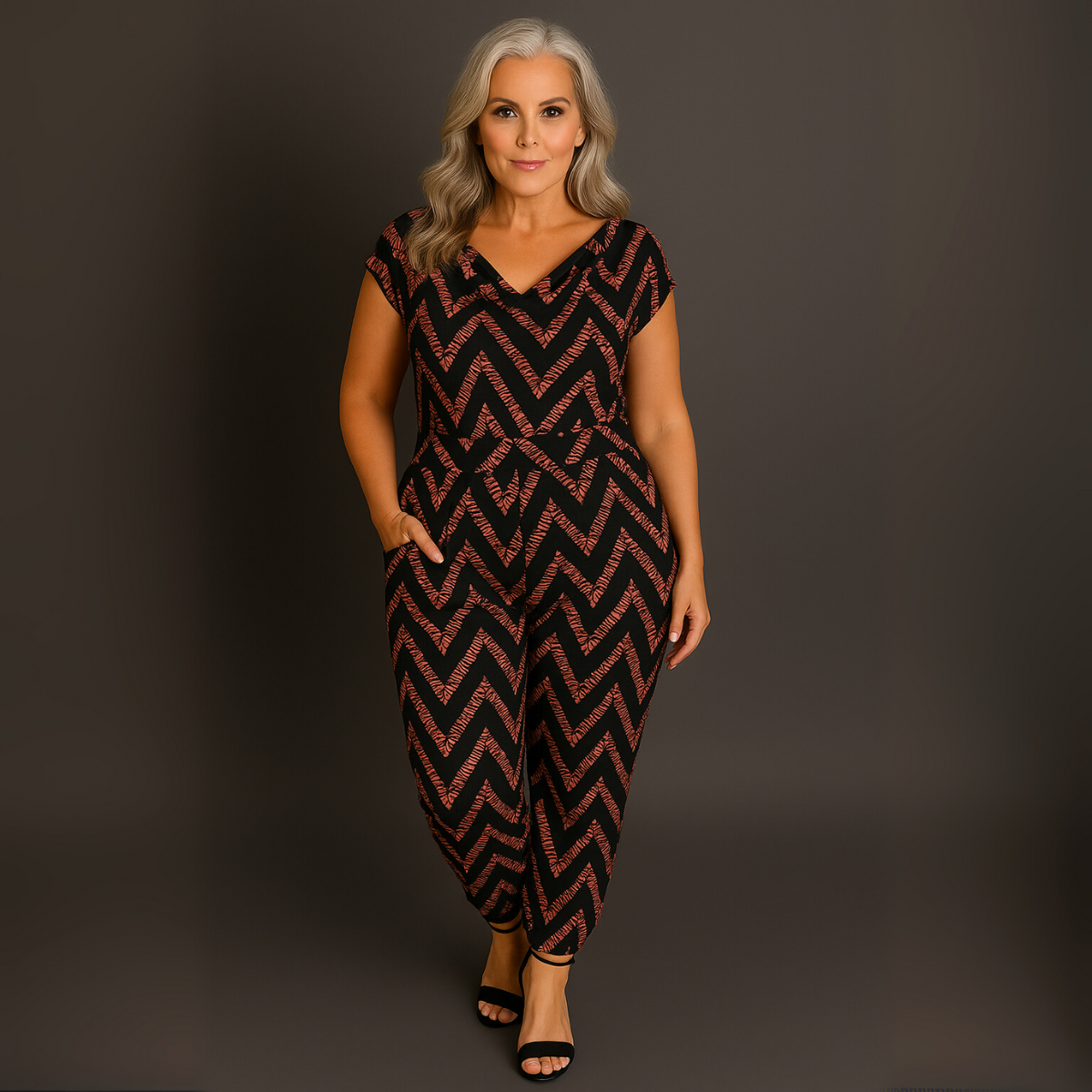 Zig Zag Print Cowl Neck Jumpsuit