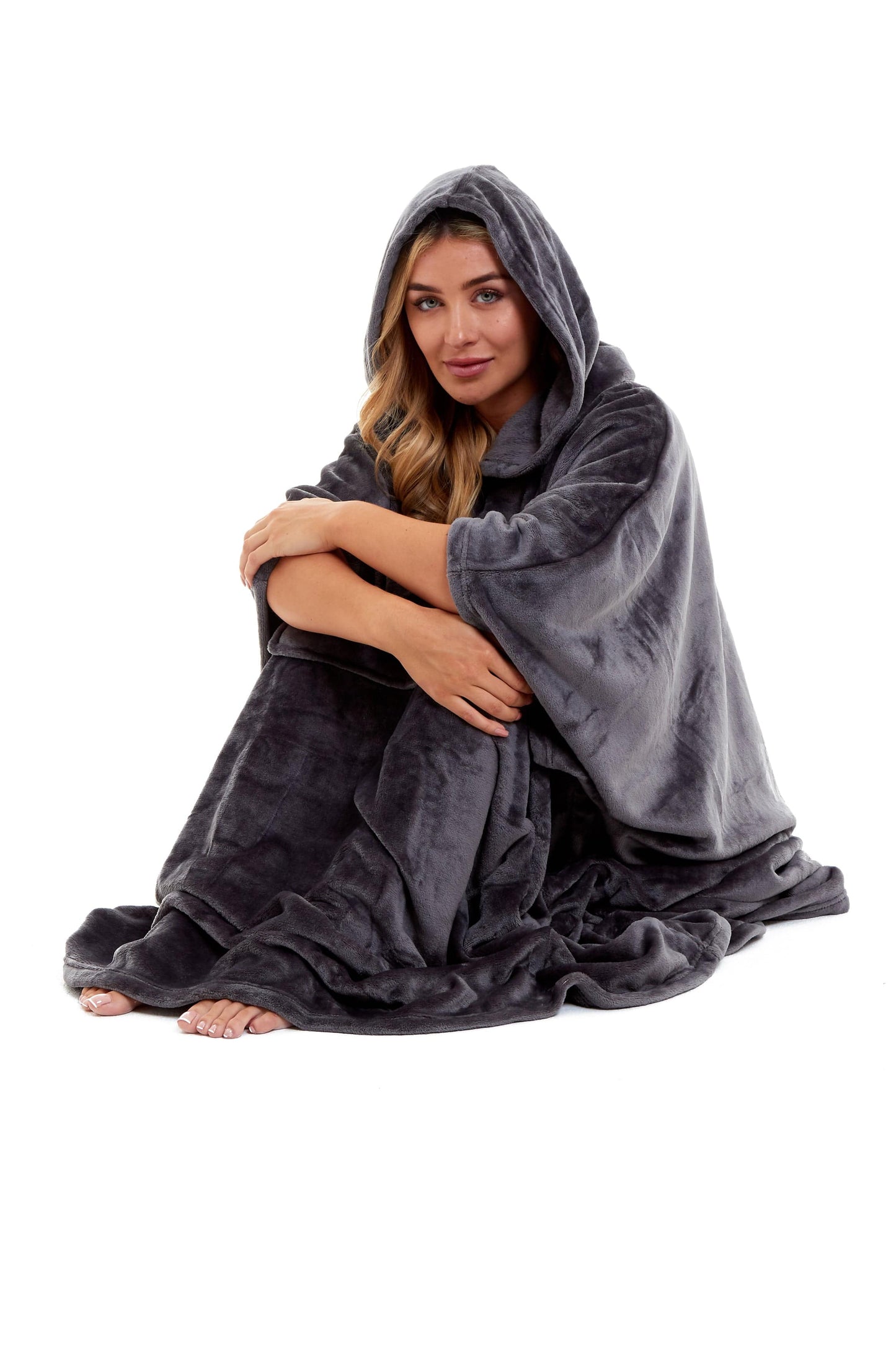 Women's Oversized Hooded Poncho Blanket Ultra-Soft Plush Fleece Giant Hoodie Sweatshirt Navy and Charcoal Lounge Wear with Double Front Pocket for Indoor and Outdoor Use by Daisy Dreamer