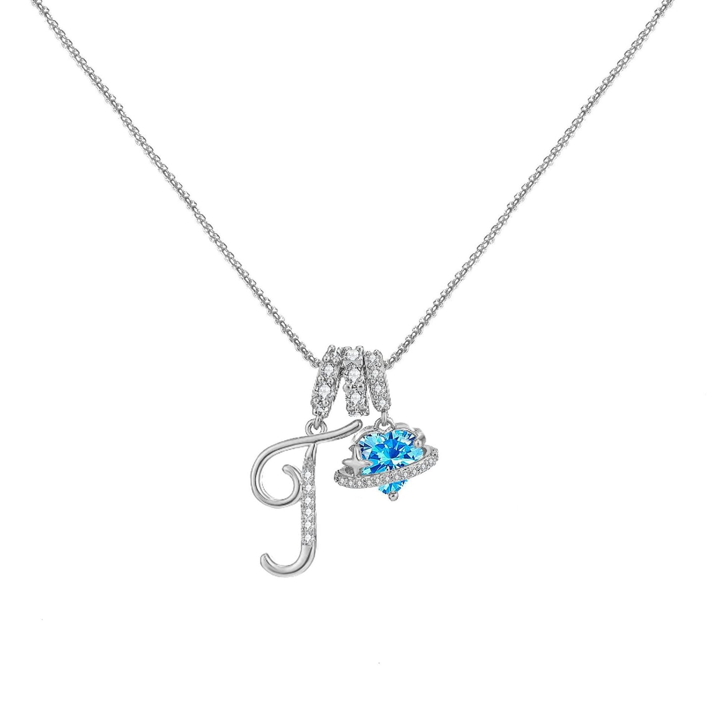 A-Z Alphabet Elegant Blue Heart Necklace with Zircons