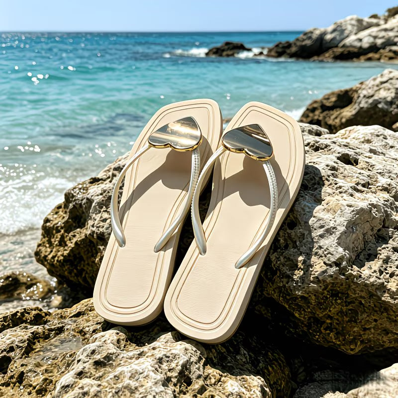 2026 New Metallic Heart Square Toe Flip-Flops