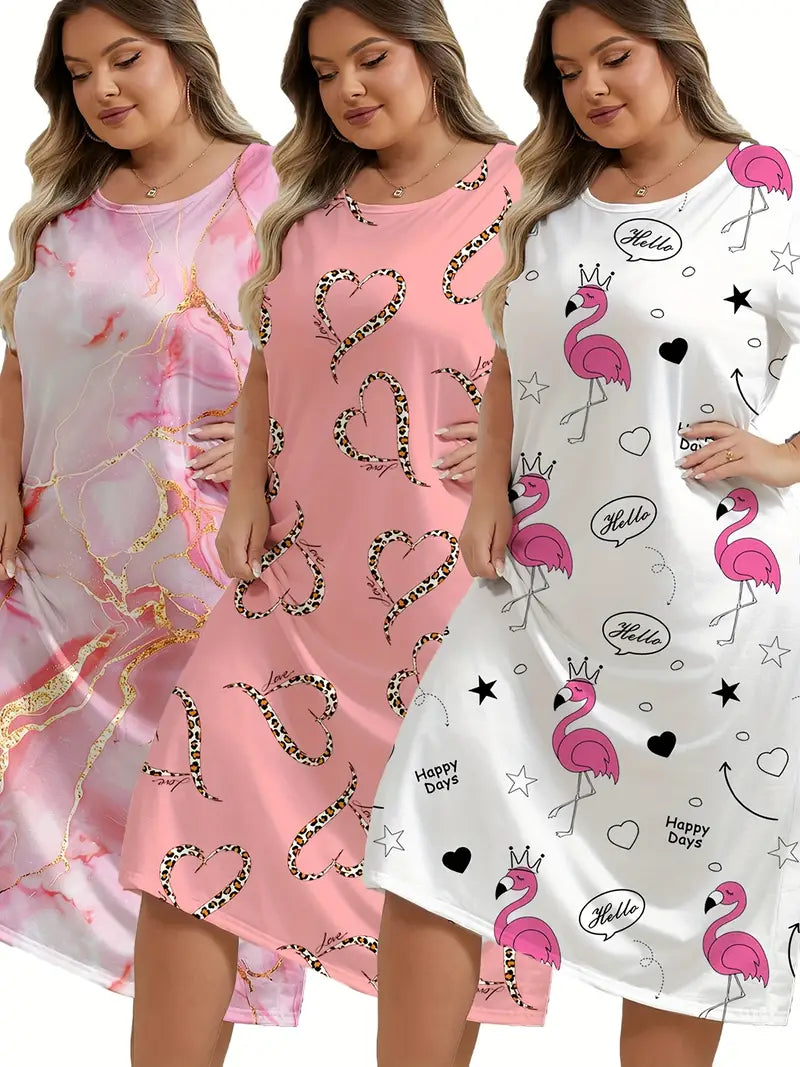 Women'S Plus Size 3pcs Short Sleeve Nightgown Set