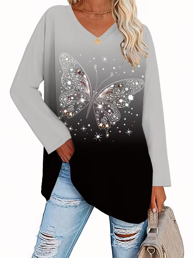 Plus Size Women'S Elegant Butterfly Print V-Neck Long Sleeve T-Shirt