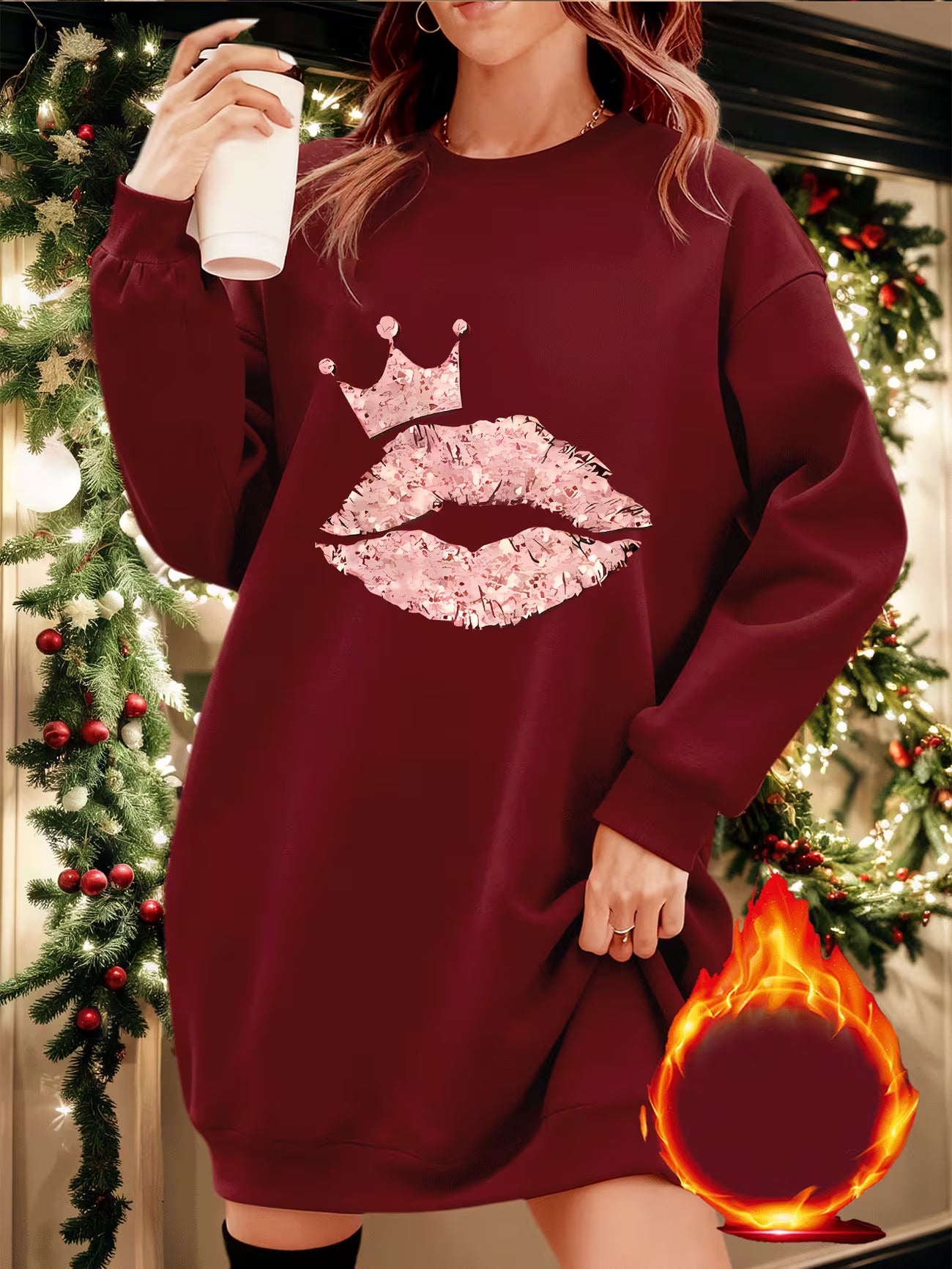 Red and Black Crew Neck Fleece Sweatshirt Dress