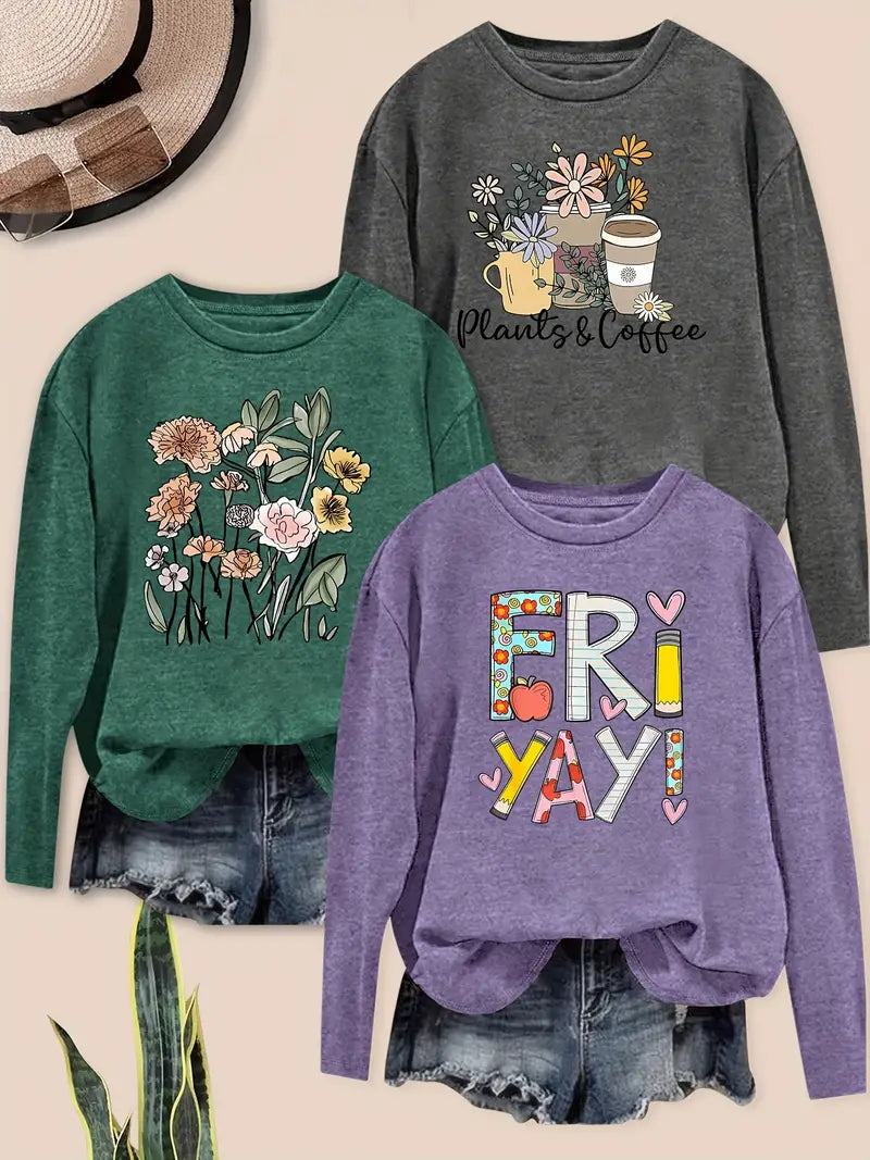 3pcs Women'S Vintage Floral & Heart Print Long Sleeve T-Shirts