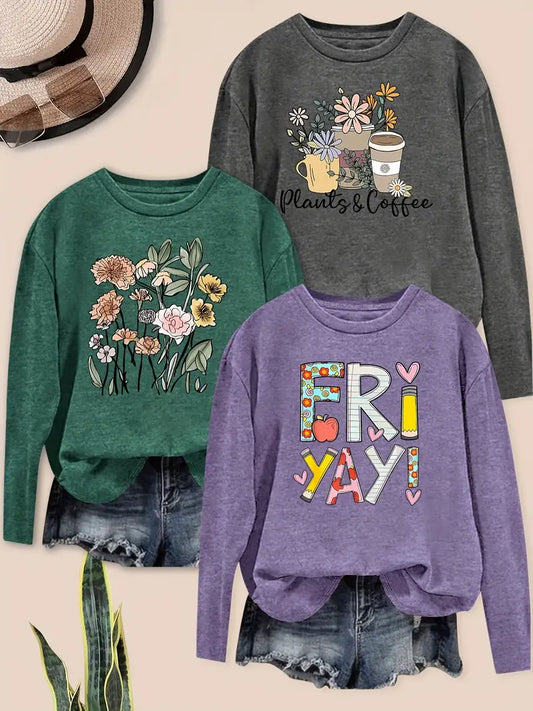 3pcs Women'S Vintage Floral & Heart Print Long Sleeve T-Shirts