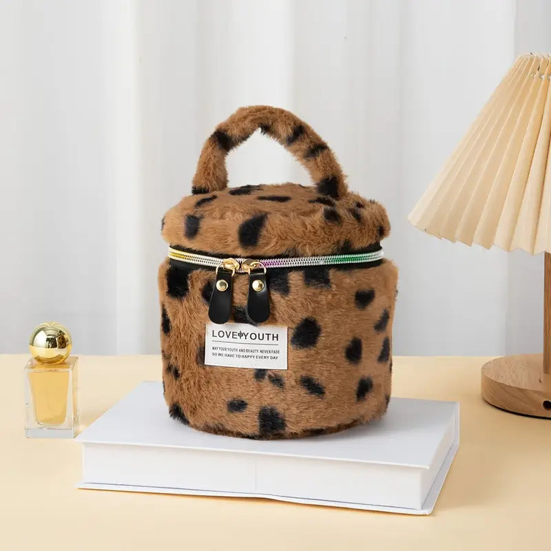 New Winter Plush Leopard Print Round Tote Cosmetic Bag